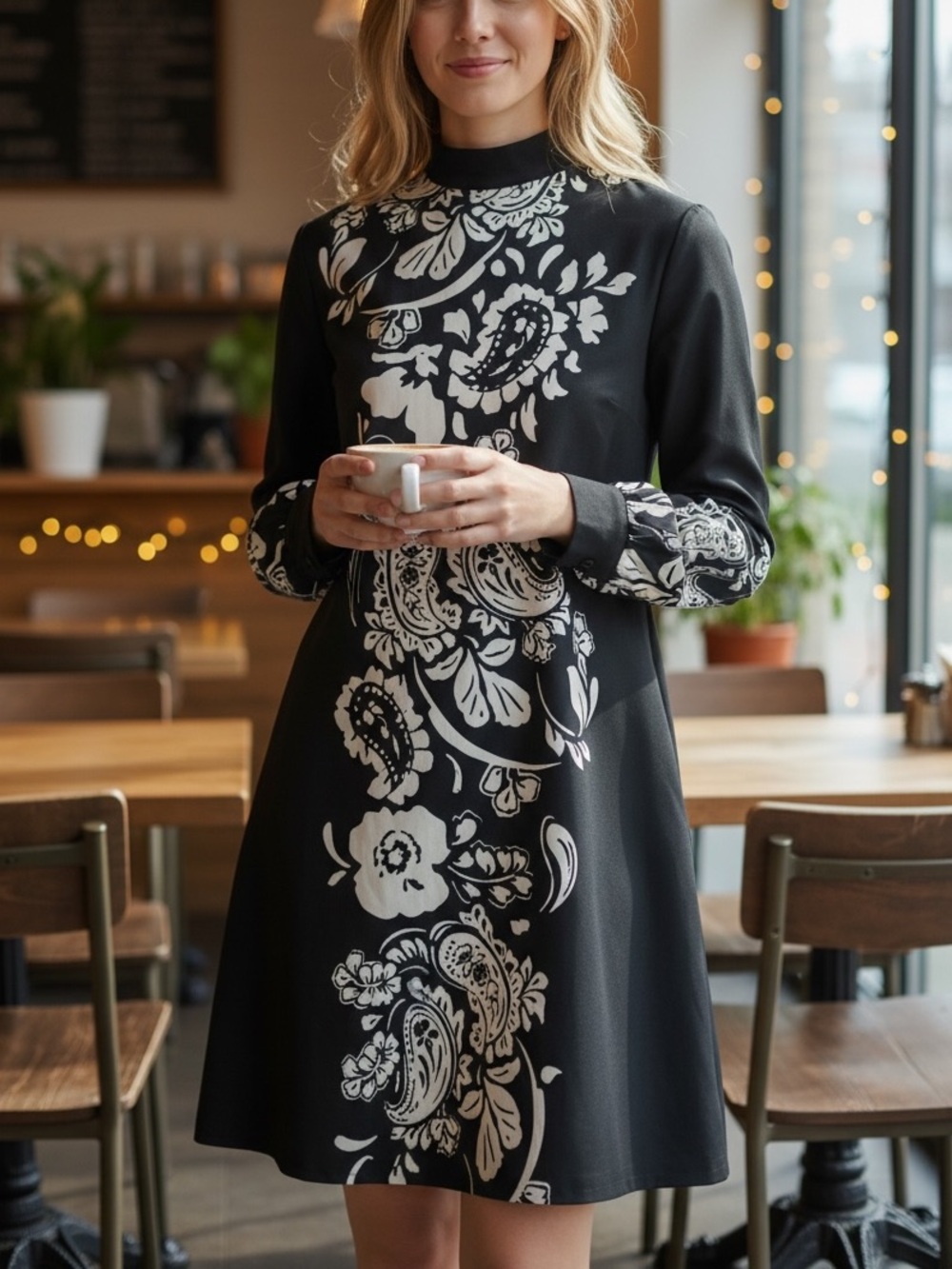 ZARA Black Ivory White Damask Paisley Scarf Print Mock Neck Sheath Dress NWOT